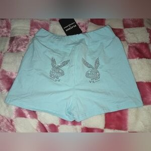 NWT Medium Playboy Rhinestone Bunny Blue Shorts